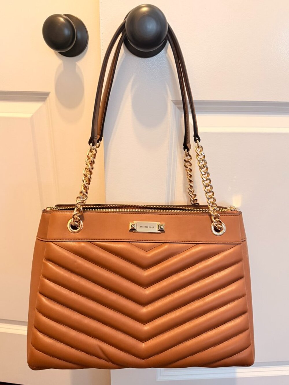 NEW Michael Kors Quilted Chevron Leather Chain Tote Bag Brown